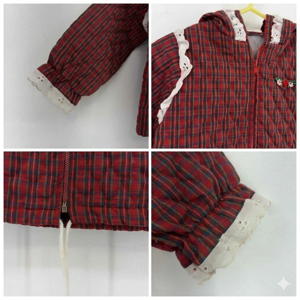 Vintage Doe-Spun Toddler Girls Red Plaid Quilted Hooded Jacket Lace Trim 24M